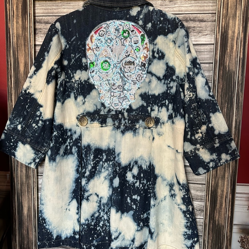 Y2K Vintage UpCycled Denim Sequin Bling Gypsy 3/4 Duster Coat Jacket Remade